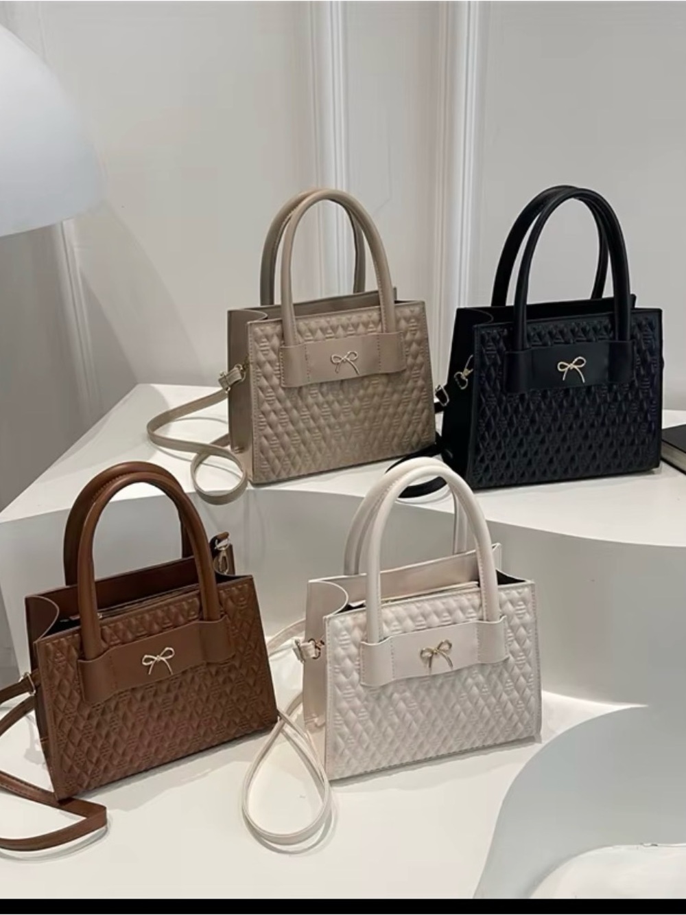 Quilted Bow Accent Top-Handle Bag - Black, White, Brown, Beige